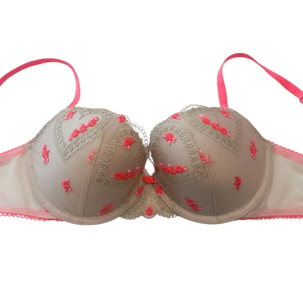 Victoria's Secret Dream Angels Floral Cream Orange Embroidered Bra 32D